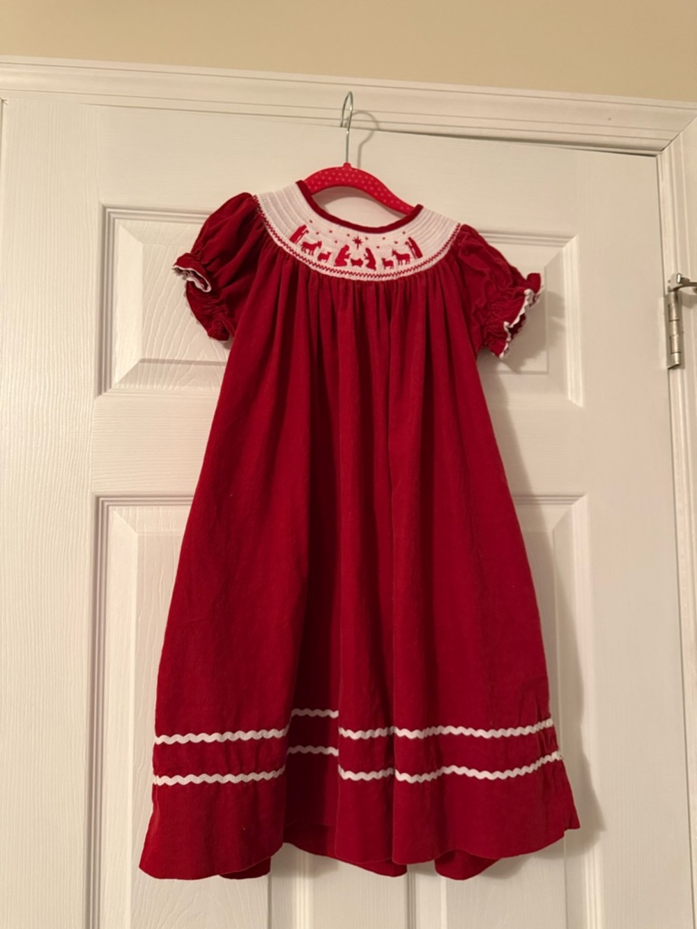 Lil Cactus Red Smocked Christmas Girls Dress with White Trim